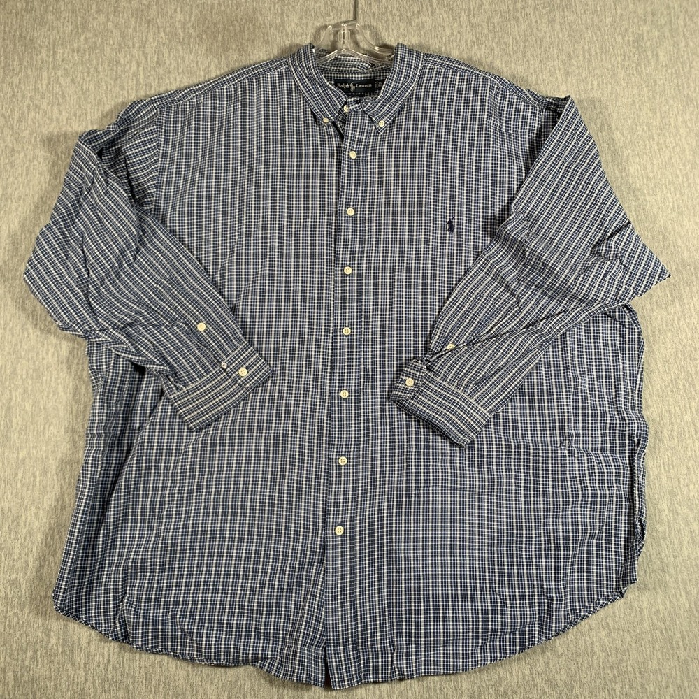 Ralph Lauren Blake Shirt Mens Big 3X Blue‎ Check Button Down Long Sleeve Cotton